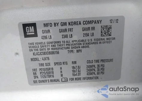 2013 Buick Encore Leather z USA, uszkodzony, nr VIN KL4CJCSBXDB086156